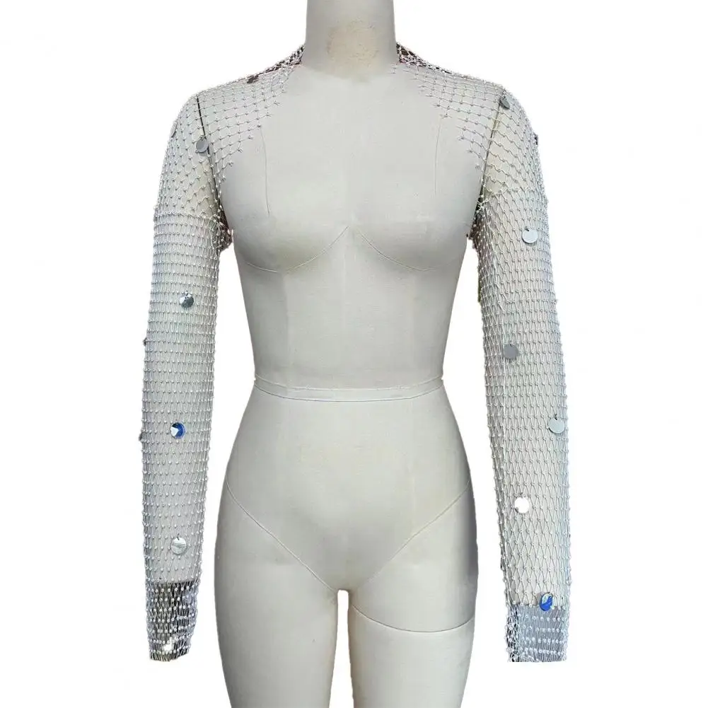 Women Long Sleeve Cover Up Shirt Hollow Out Fishnet Mesh Shrug Aesthetic Shinning Rhinestones Festival Crop Top Sparkly