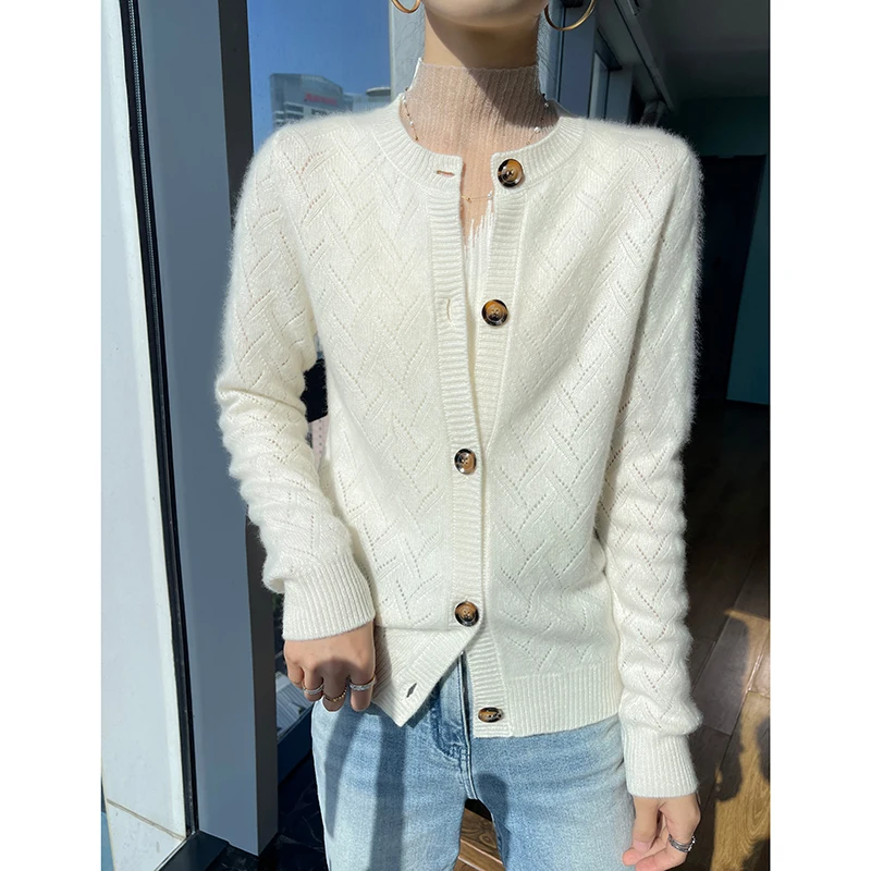 

Round Necked Hollowed Out Cardigan Women's Autumn Winter Long Sleeved Solid Color Button Loose 100% Merino Woo Knit Coat Sweater