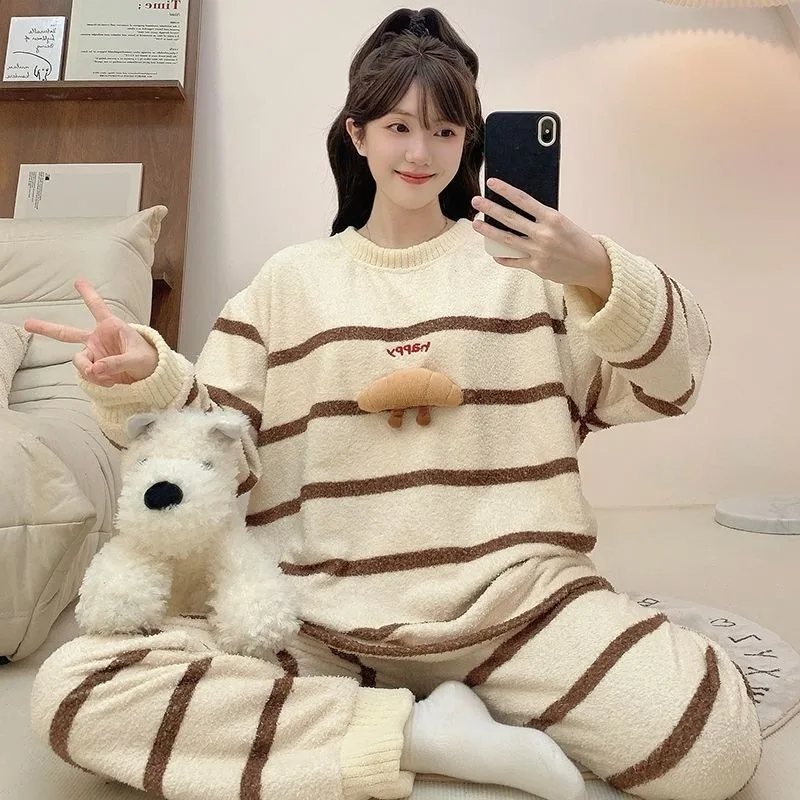 

M-5XL плюс размер, зимняя женская одежда для сна, плотная фланелевая милая пижама с героями мультфильмов, корейские студенческие полосатые коралловые флисовые домашние одежды