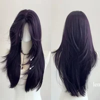 Ashely-Peluca de color morado oscuro para mujer, pelo largo de 22 pulgadas, cortina con flequillo en capas, pelo liso natural, pelucas sintéticas para Cosplay, Perruque Lolita