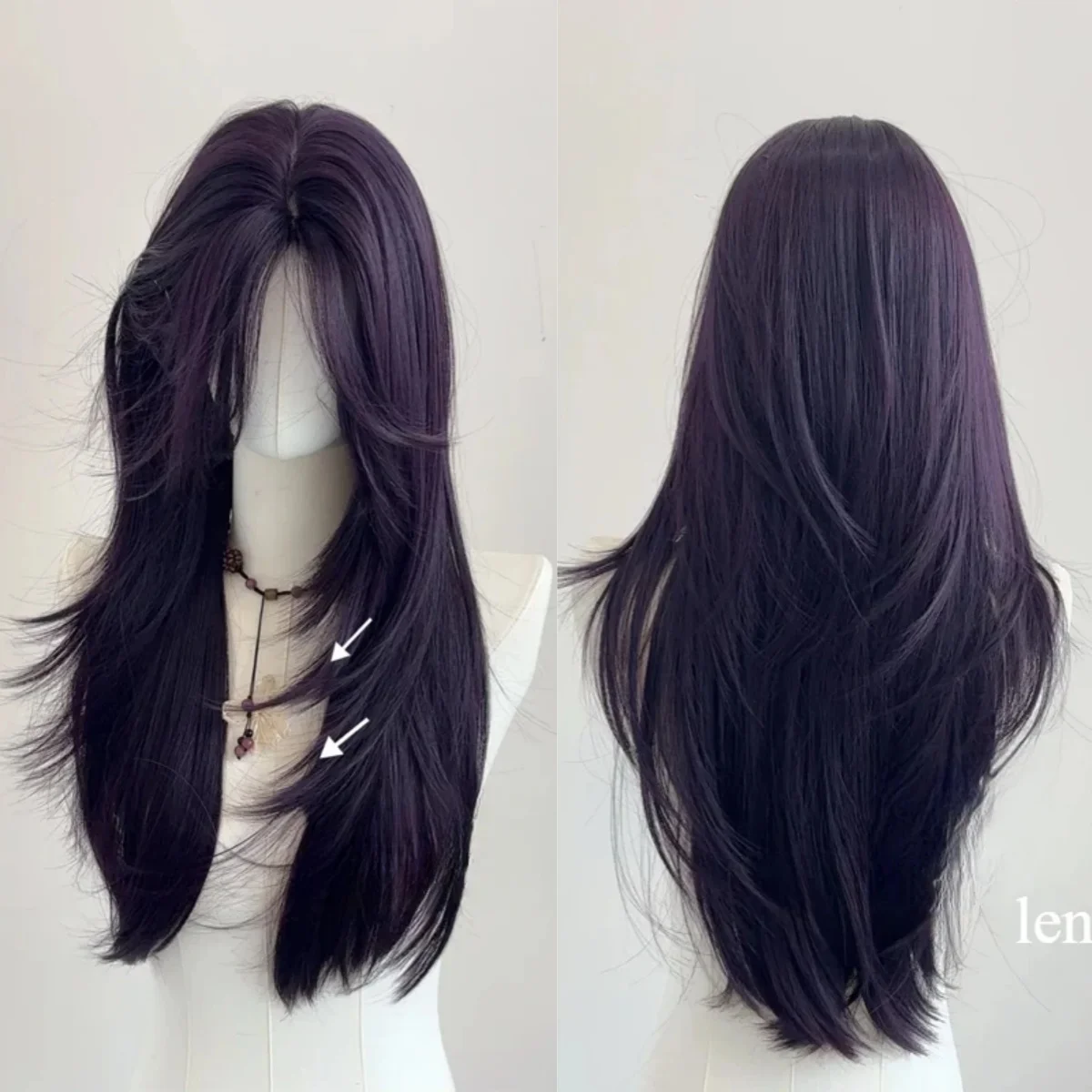 Ashely Dark Purple Wig Female 22inch Long Hair Curtain Bangs Layered Nature Straight Hair Cosplay Synthetic Wigs Lolita Perruque