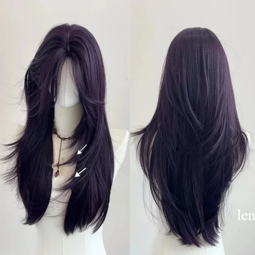 Imagen 1 del producto Ashely-Peluca de color morado oscuro para mujer, pelo largo de 22 pulgadas, cortina con flequillo en capas, pelo liso natural, pelucas sintéticas para Cosplay, Perruque Lolita