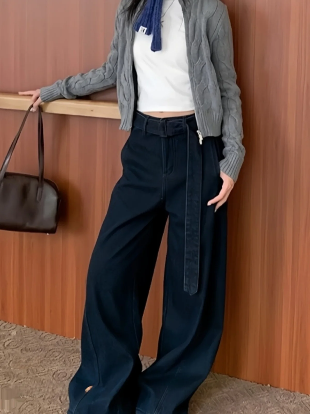 

Широкие джинсы с высокой талией, женские свободные брюки с поясом, Гонконг, осень-зима, большие размеры, утягивающие брюки длиной до пола