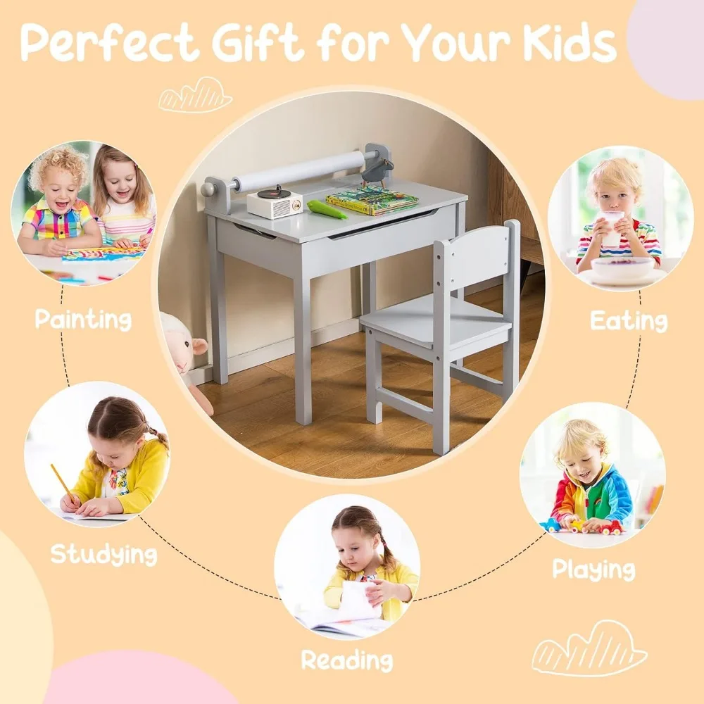 Children's Desk and Chair Set, Flip Up Children's Desk with Chair, Children's Drawing Desk Set with Paper Roll and Marker Pen