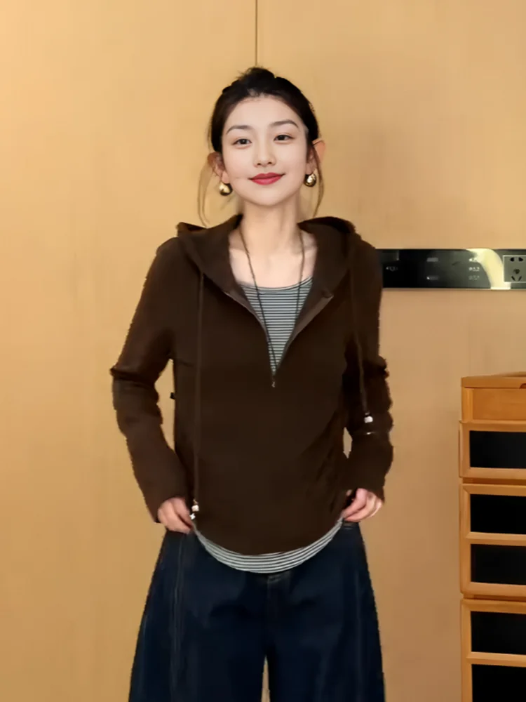 plus Size Casual Style Long Sleeve Hoodie Striped Top Women's Fashion plus Size Design Conceal Flattering Black T-shirt