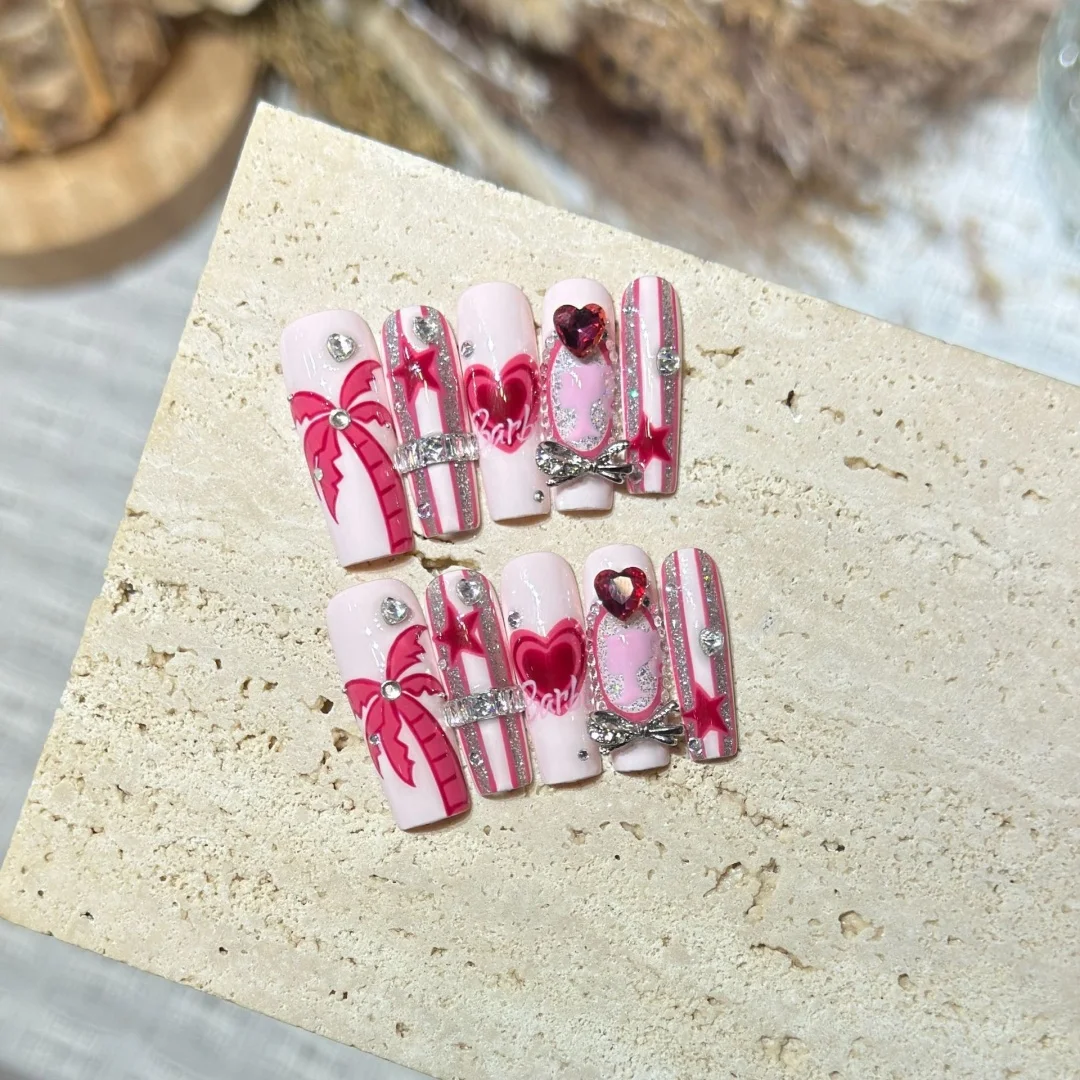 

10pcs Square French Press on Nails Sweet Cool Pink Island Design Love Diamond with Lady Zircon Details Perfect for Girls Parties