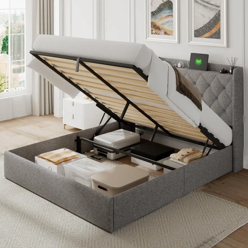 

Queen Lift Up Storage Bed Frame, Button Tufted Wingback Headboard with Outlets & Type A/C Ports, 10.8" Hydraulic Storage