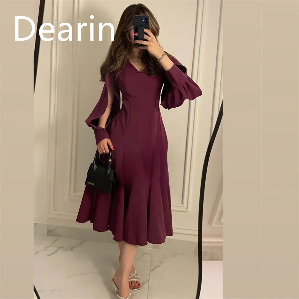 Customized Formal Dress Dearin V-neck A-line Tea Length Skirts Fold Bespoke Occasion Dresses Evening Prom Gown Saudi Arabia