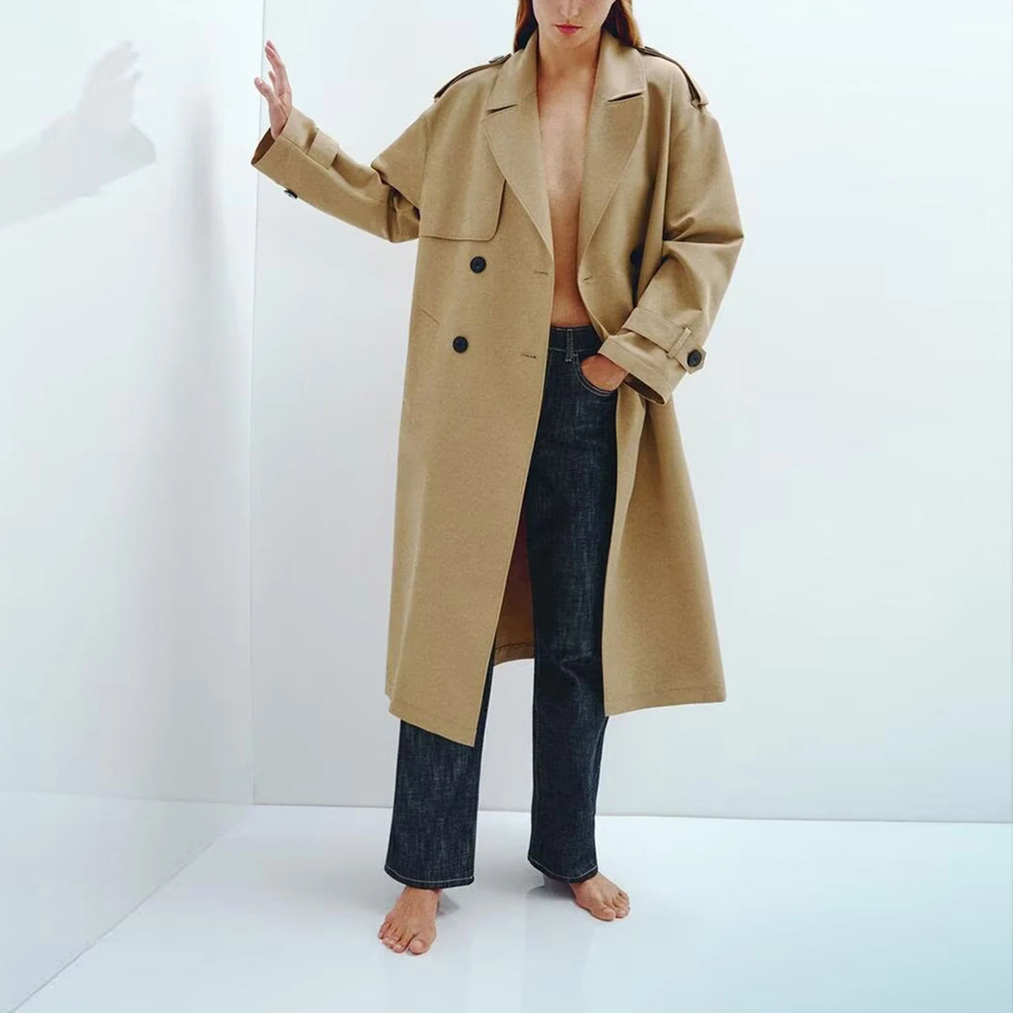 

2025 Autumn New Sle Women's Long Double-breasted Coat with Belt Faionable Commute Loose Fit Windbreaker Z