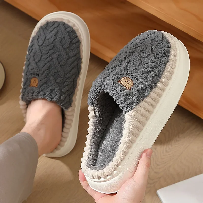 New Men Fluffy Slippers Women Thick Sole Slides Winter Warm Furry Shoes Lovers Bedroom Home Non-Slip Platform Plush Flats