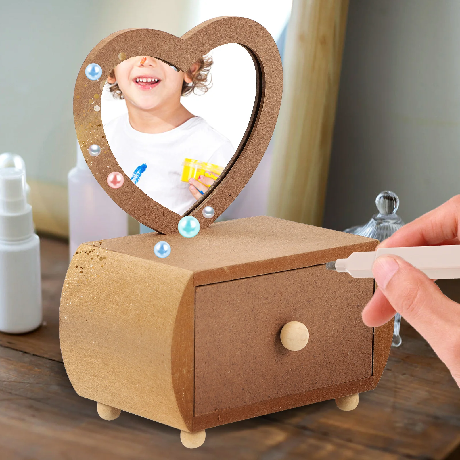 

Clay DIY Dressing Table Natural Wooden Storage Box Mirror Kids Small Vanity Cute Mini Dresser Decorative Vanity Desk
