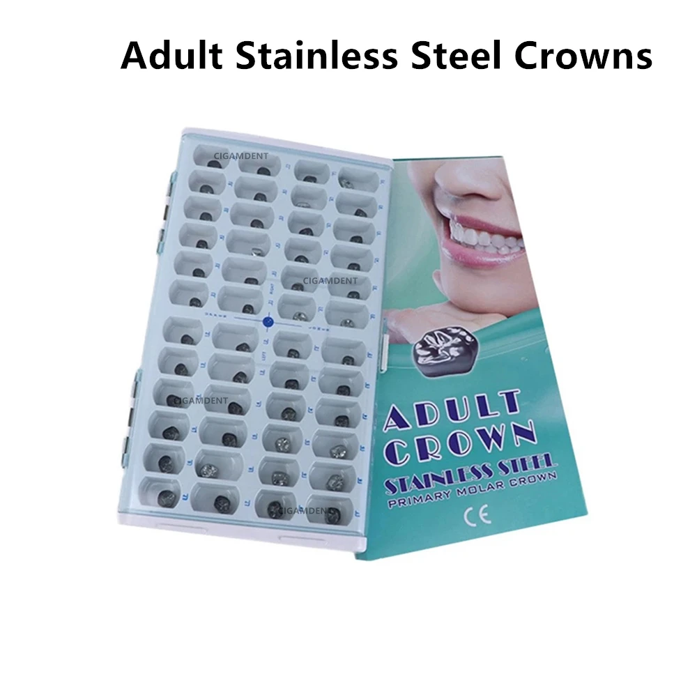 Total 48Pcs    For Adult Preformed Stainless Steel Crowns     Model:For Adult Permanent Molar    Material:Stainless Steel    Tot