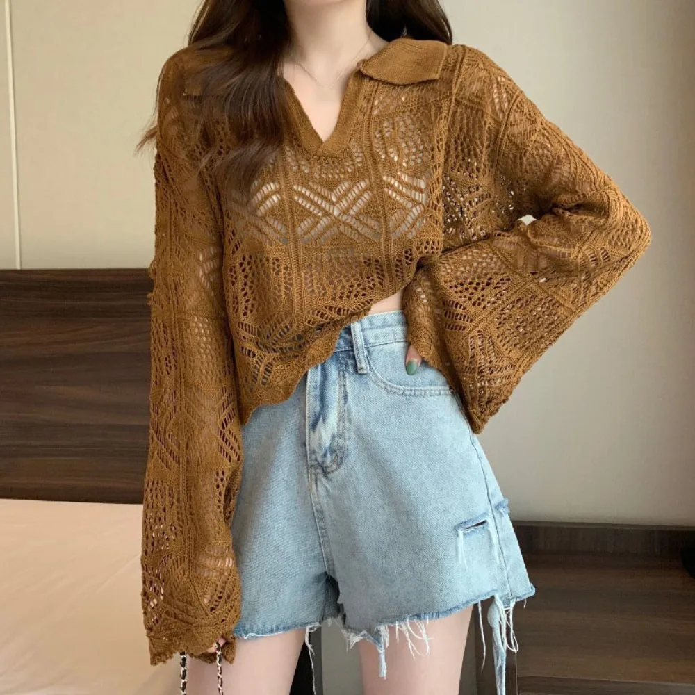 

V-neck Hollow Out Knit T-shirt Loose Korean Style Cover Up Crop Top Beachwear Long Sleeve Sweet Girl's Beach Top Streetwear