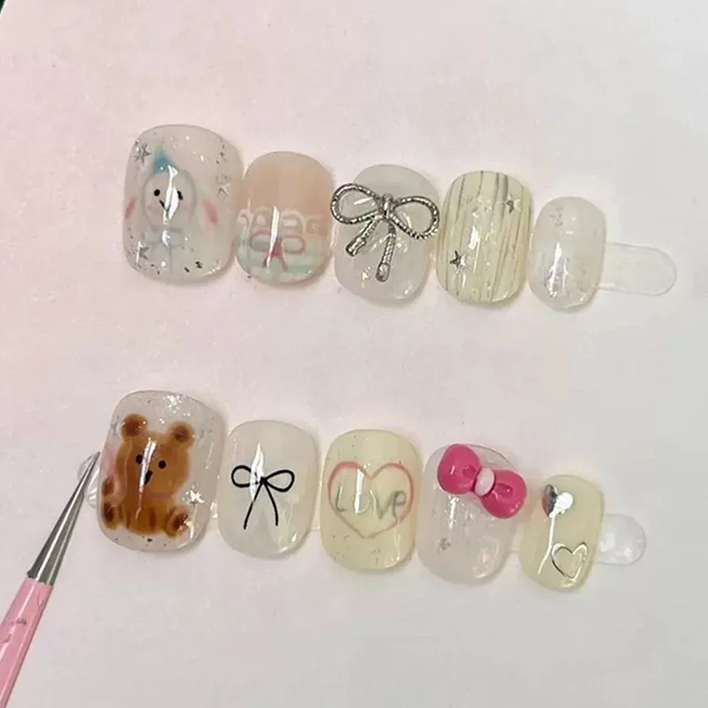 10Pcs Cute Handmade Short Square Round Press On Nail Cartoon Bear Cat Diamond Flowers Design Wearable Full Cover Fake Nails Tips view 3