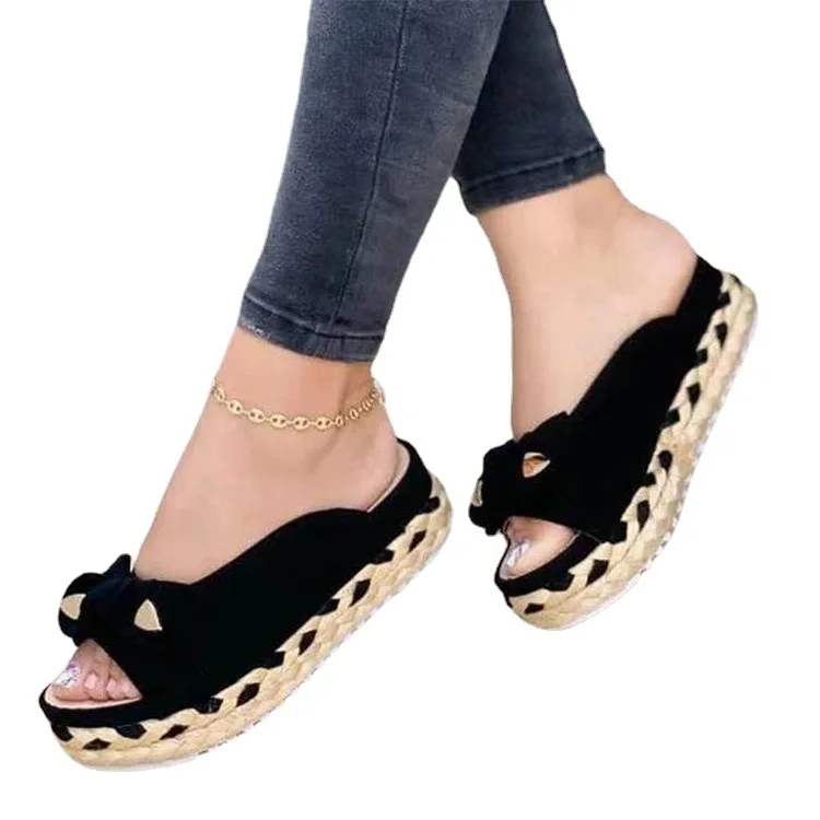 Plus Size Platform Schoenen Vrouwen Sandalen Mode Rotan Bodem Stro Geweven Boog Woord Sandalen En Slippers Zomer Canvas Slippers