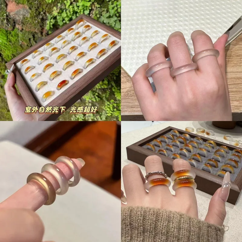 

Natural white moonlight agate plain ring for men and women couples, high-transparency icy agate jade tail ring accessory