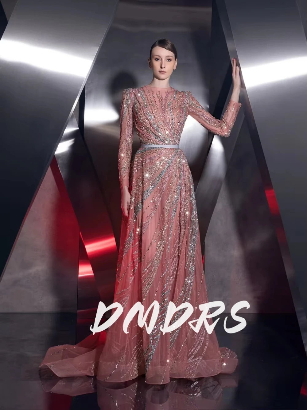 

Sparkly Exquisite Beaded A-line Evening Dress Illusion Long Sleeve Wedding Party Gown New Customized Graceful Prom Dresses