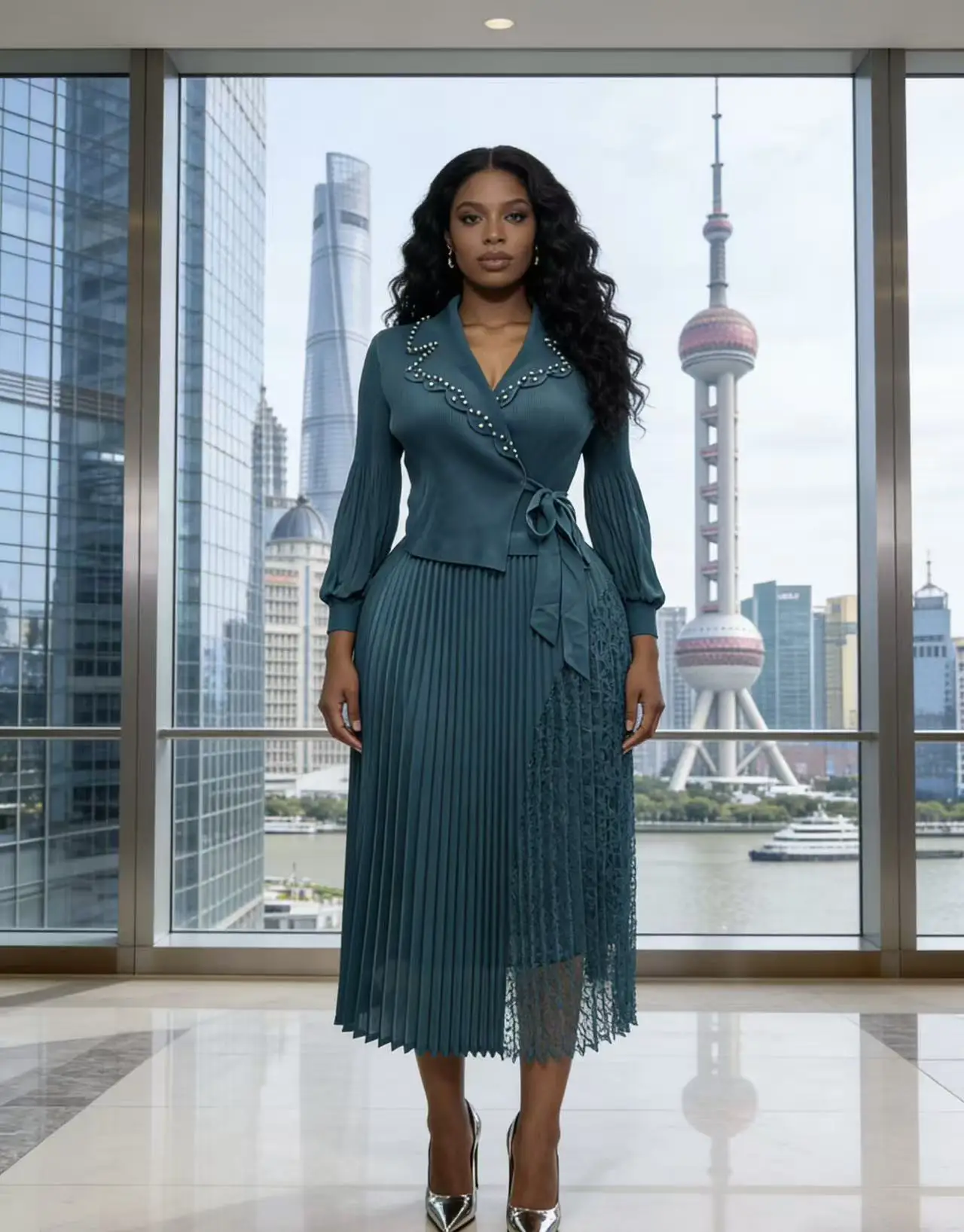 

2026 New Miyake Crumpled Loose Dress Fashionable African Splicing Bead Temperament Elegant Long Dress Women's Clothing