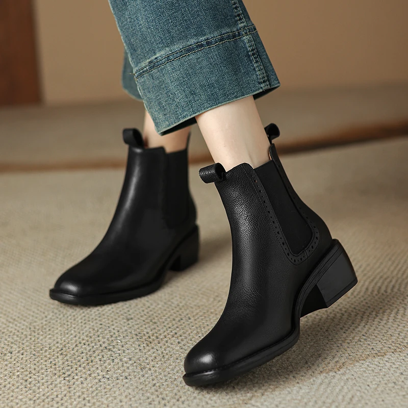 2024 New Autumn/Winter Women Boots Round Toe Chunky Heel Ankle Boots Women Genuine Leather Shoes for Women Concise Chelsea Boots