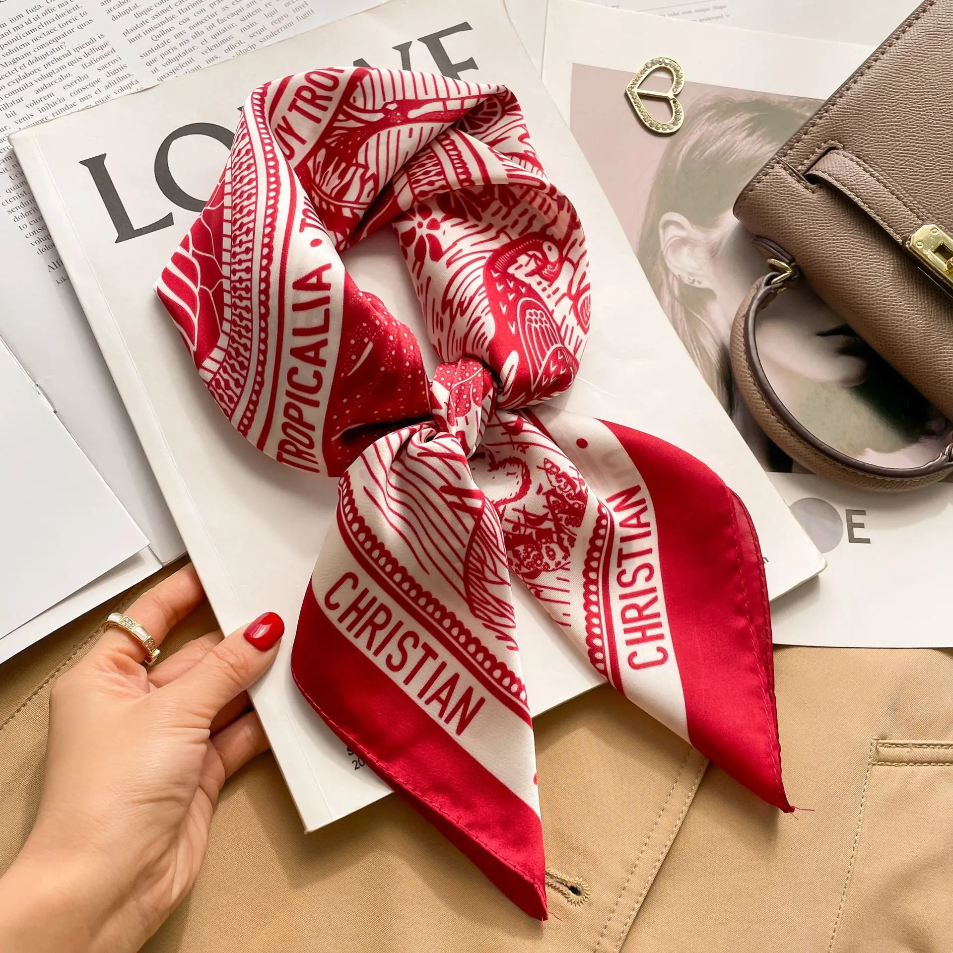 جديد 70 سنتيمتر houndstooth مطبوعة مربع وشاح للنساء الحرير كريستيان رسائل عصرية ومتعددة الاستخدامات الحجاب وشاح باندانا