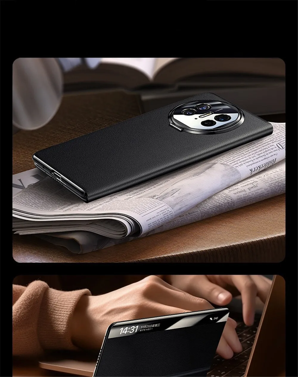 정품 소가죽 마그네틱 플립 케이스, 메탈 링 브래킷, 풀 커버, 화웨이 메이트 X5 X3