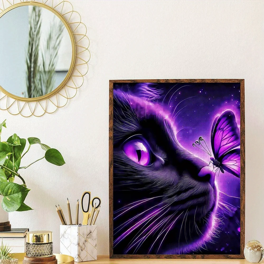 1000 قطعة قطة سوداء مع عيون أرجوانية، أحجية الصور المقطوعة ذات السماء المرصعة بالنجوم والفراشة - تصميم مشهد ليلي وردي أرجواني نابض بالحياة، كبير للبالغين