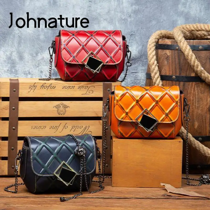 

Johnature Genuine Leather Women Chain Bag 2024 New Retro Plaid Versatile Real Cowhide Ladies Shoulder & Crossbody Bags