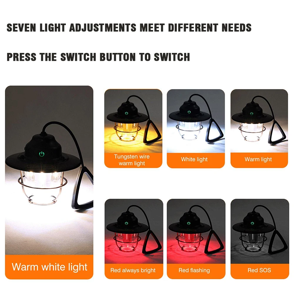 LED Camping Lamp Retro Hanging Tent Lamp Portable USB Rechargeable Hike Picnic Tent Camp Light Waterproof Emergency Lantern