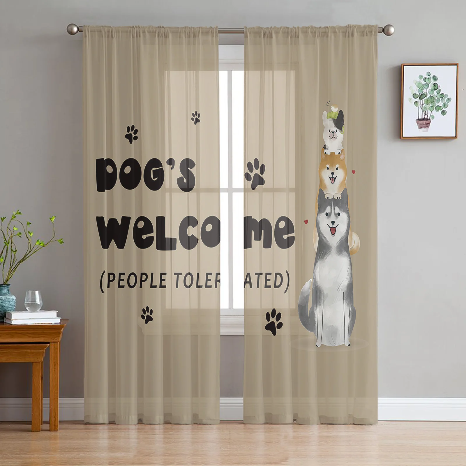 Dog Paw Retro Sheer Curtains for Living Room Bedroom Decoration Chiffon Tulle Voile Kitchen Window Curtain