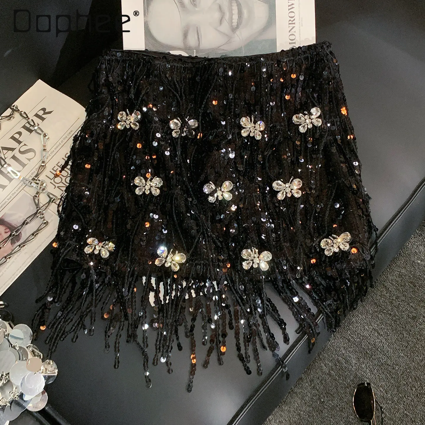 Socialite Luxury Heavy Industry Nail Diamond Sequin Tassel Black Skirt Women French Elegant Socialite High Waist Silm Mini Skirt