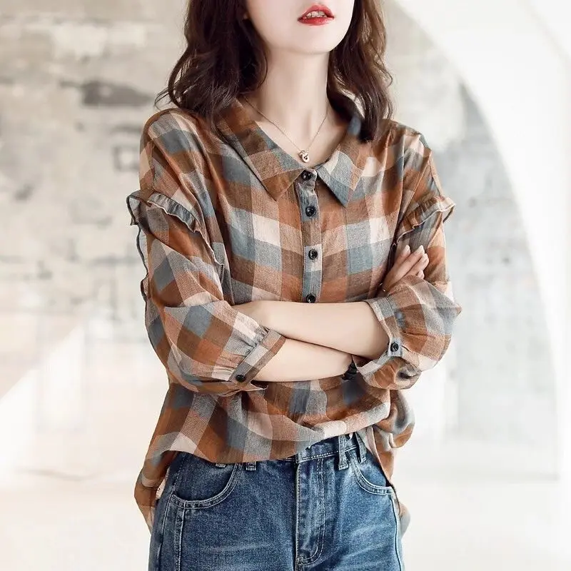 Fashion Printed Lapel Button Ruffles Plaid Shirt Female Clothing 2022 Autumn New Loose Casual Tops Korean Lantern Sleeve Blouses