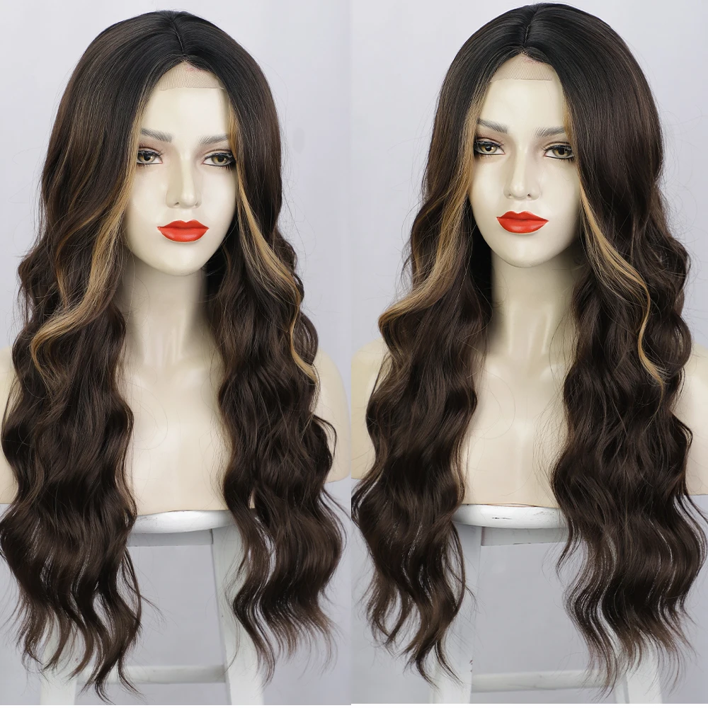 

Long Ombre Dark Brown Wavy Lace Front Wigs with Highlight,Middle Part Curly Natural Looking Synthetic Heat Resistant Fiber Wig