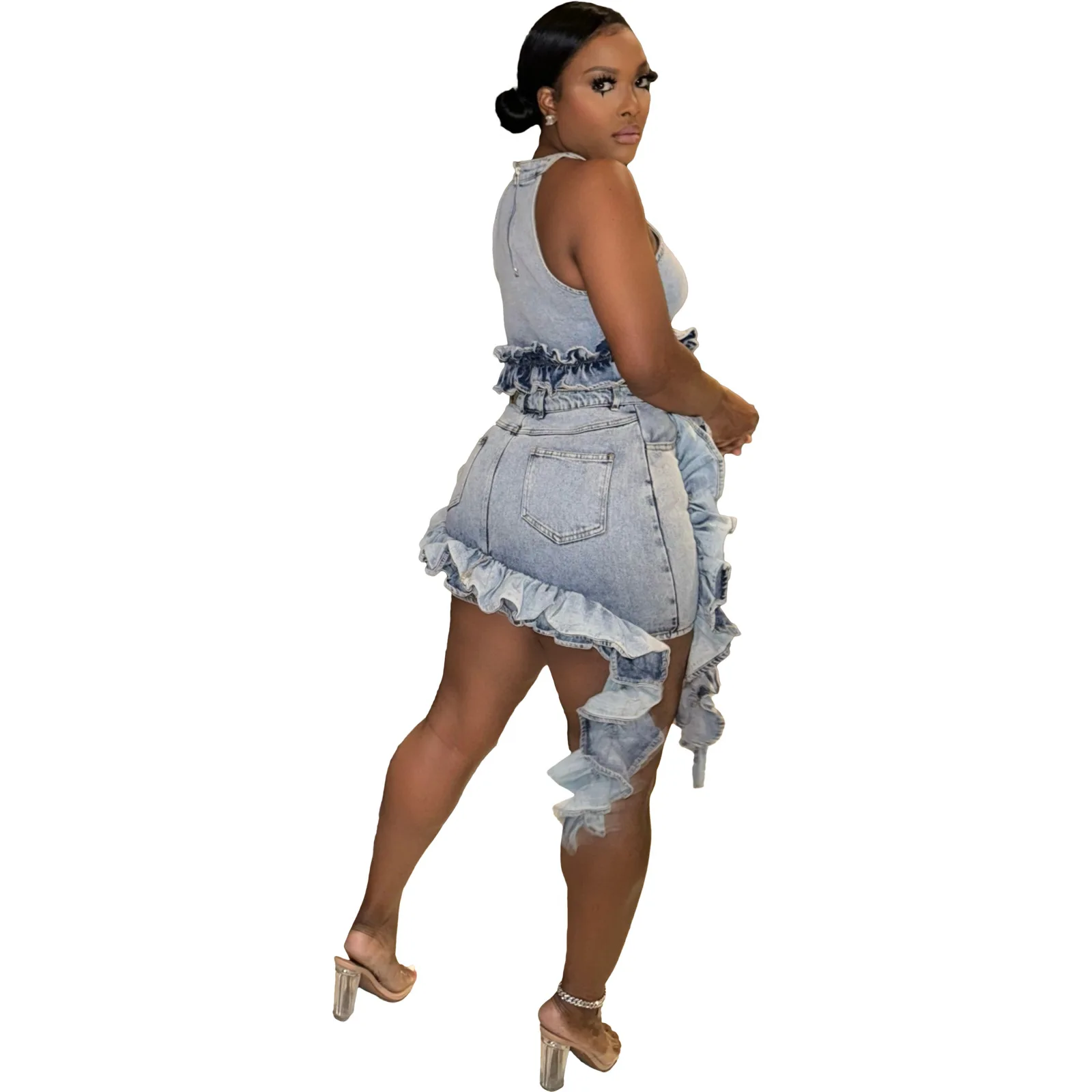 Fashion Ruffles Denim Two Pieces Set for Women 2024 Summer Halter Sleeveless Tanks Crop Tops Elastic Hip Wrapped Mini Skirt