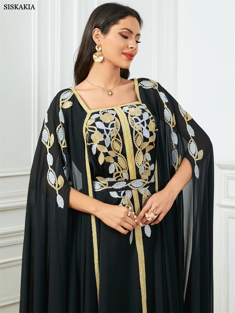 Siskakia Elegant Casual Super Long Sleeve Party Gown Moroccan Saudi Appliques Belted Dresses Turkish African Abayas Arab Kaftan