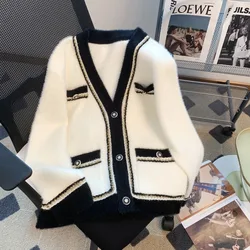 Patchwork Knitted Sweater For Women Autumn Winter V-Neck Long Sleeved Loose Cardigan Tops 2025 New Chic Warm Female Coat