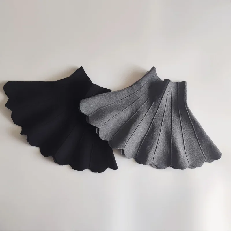 Autumn Winter New Girls Knitted Skirt Wavy Shaped Tutu Teen Kids Thickened Lotus Leaf Umbrella Skirt Grey Black Skort 2024