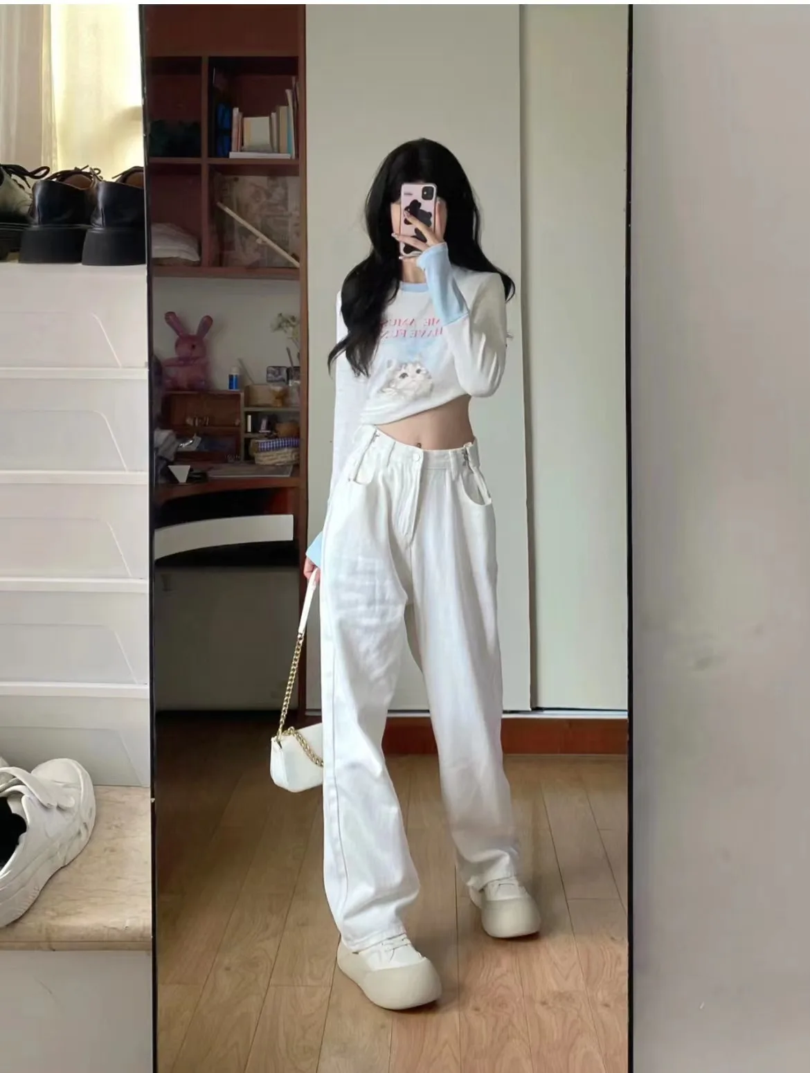 Autumn High Waist Loose Straight Wide Legs Woman Long Pants Button Fly Ankle-length Female Students Denim Trousers White Jeans