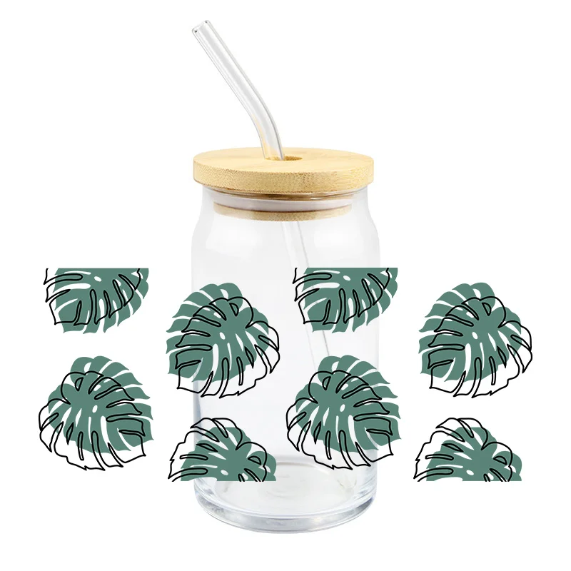 Green Turtle Back Leaves Uv Dtf Transfer Sticker 16Oz Glass Cups Diy Waterproof Crazy Plant Lady  High Temperature Resistance