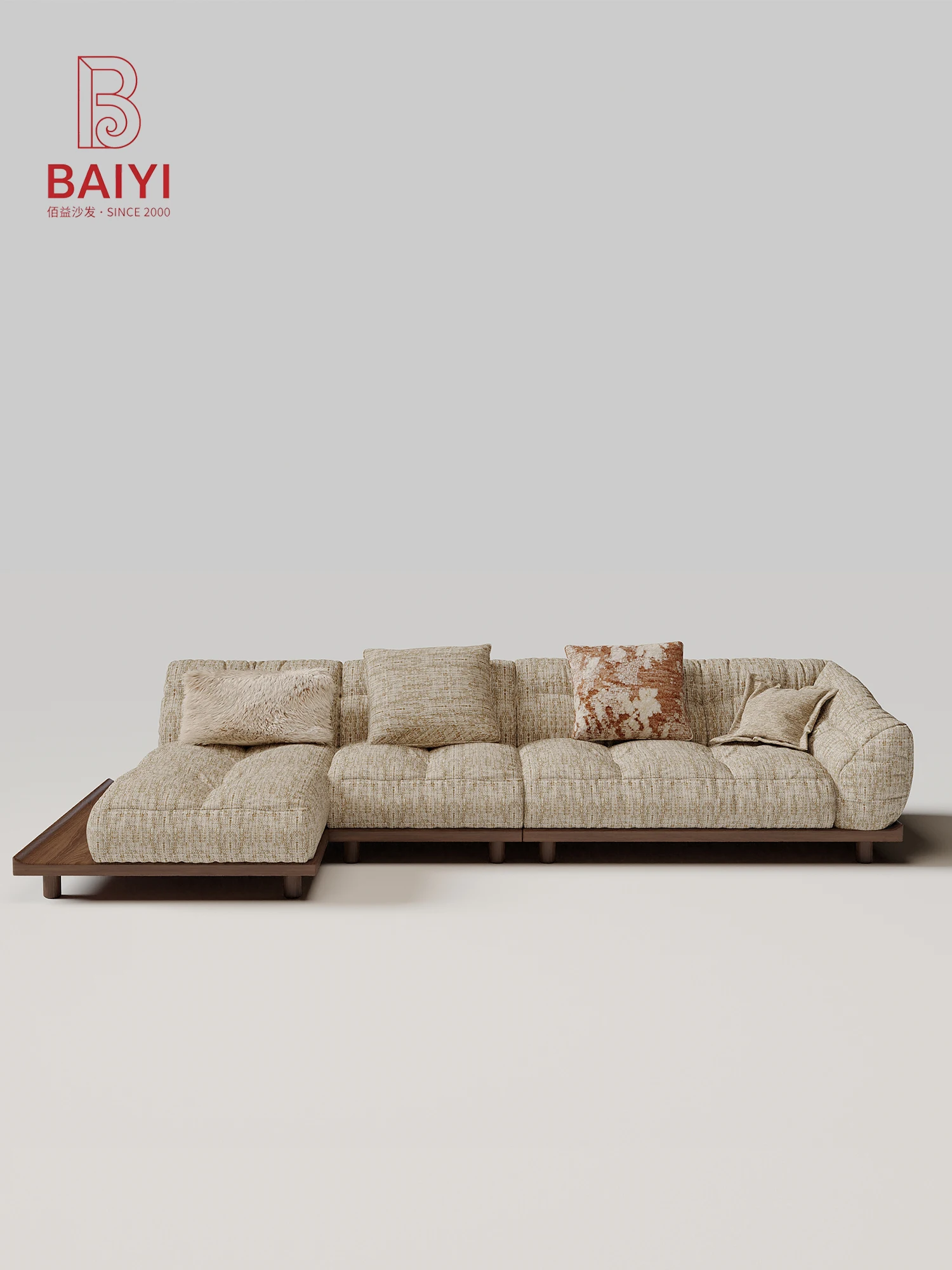 Greige Tufted U Shaped Sectional Sofa Double Chaise Wooden Platform Extended Side Tables For Living Room Villa Bedroom Home