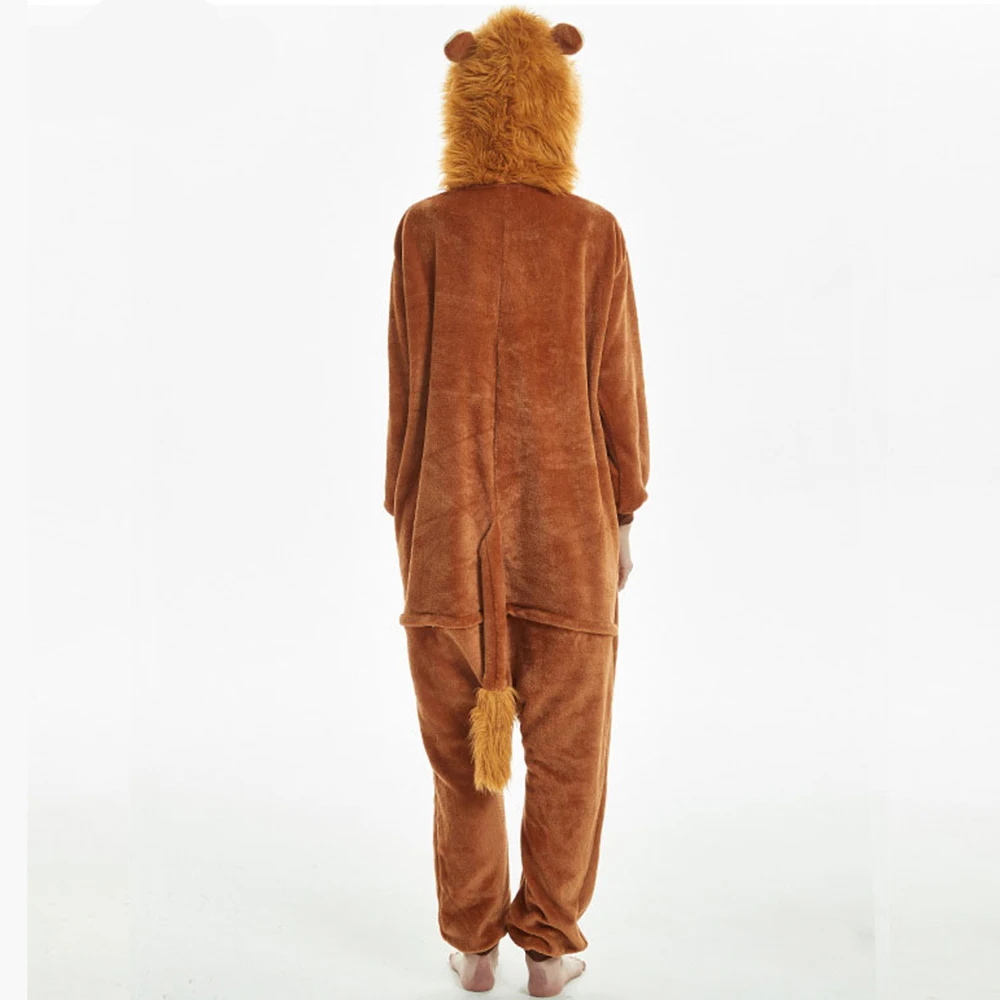 Halloween Cosplay Brown Lion Hooded Flannel One-piece pajamas Cartoon Button Onesie Couple Sleepwear Comfortable Leisure wear