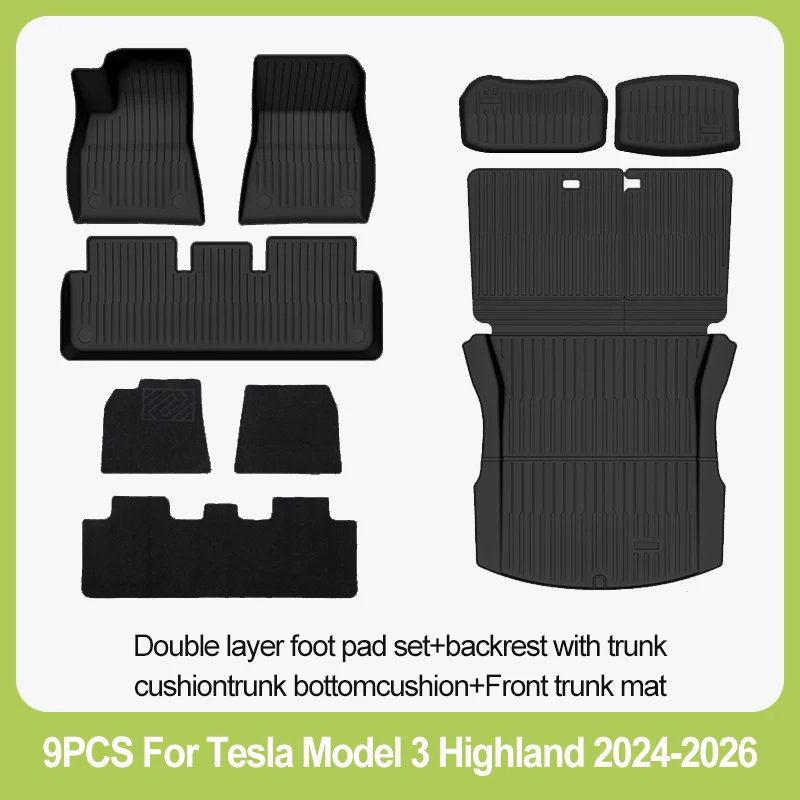 Tesla kofferbakmat voor Model 3 Highland 2023-2026, vloermat, bagagemat, TPE, waterdicht, antislip, set vloermatten