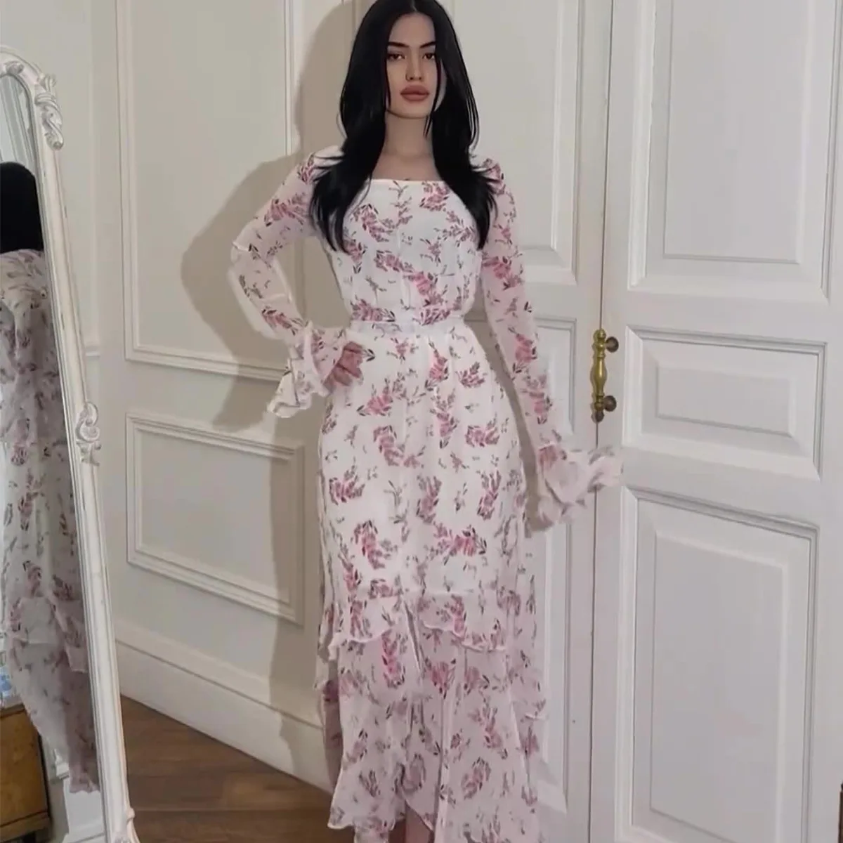 

Chiffon Printed Ruffle Dress Women's Summer Long Sleeve Stitching High Waist Slim Irregular Floral Evening Dress Long Dress