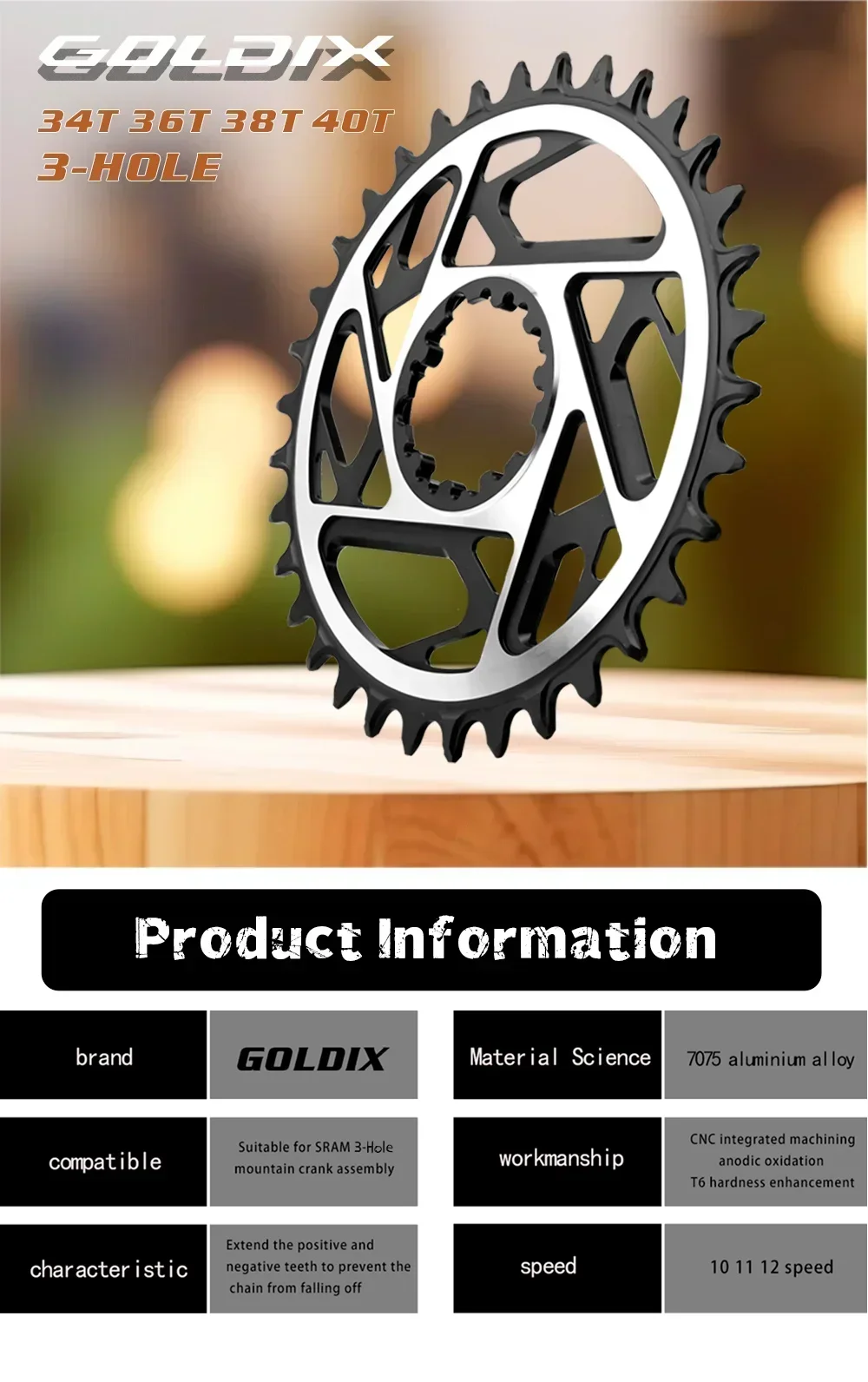 GOLDIX CNC Hohlkette mit schmalen und breiten Zähnen, 3-Bolzen-MTB-Kettenblatt, 3mm Offset, 34T 36T 38T 40T, Aluminium 7075, Fahrradzubehör – Detail 1