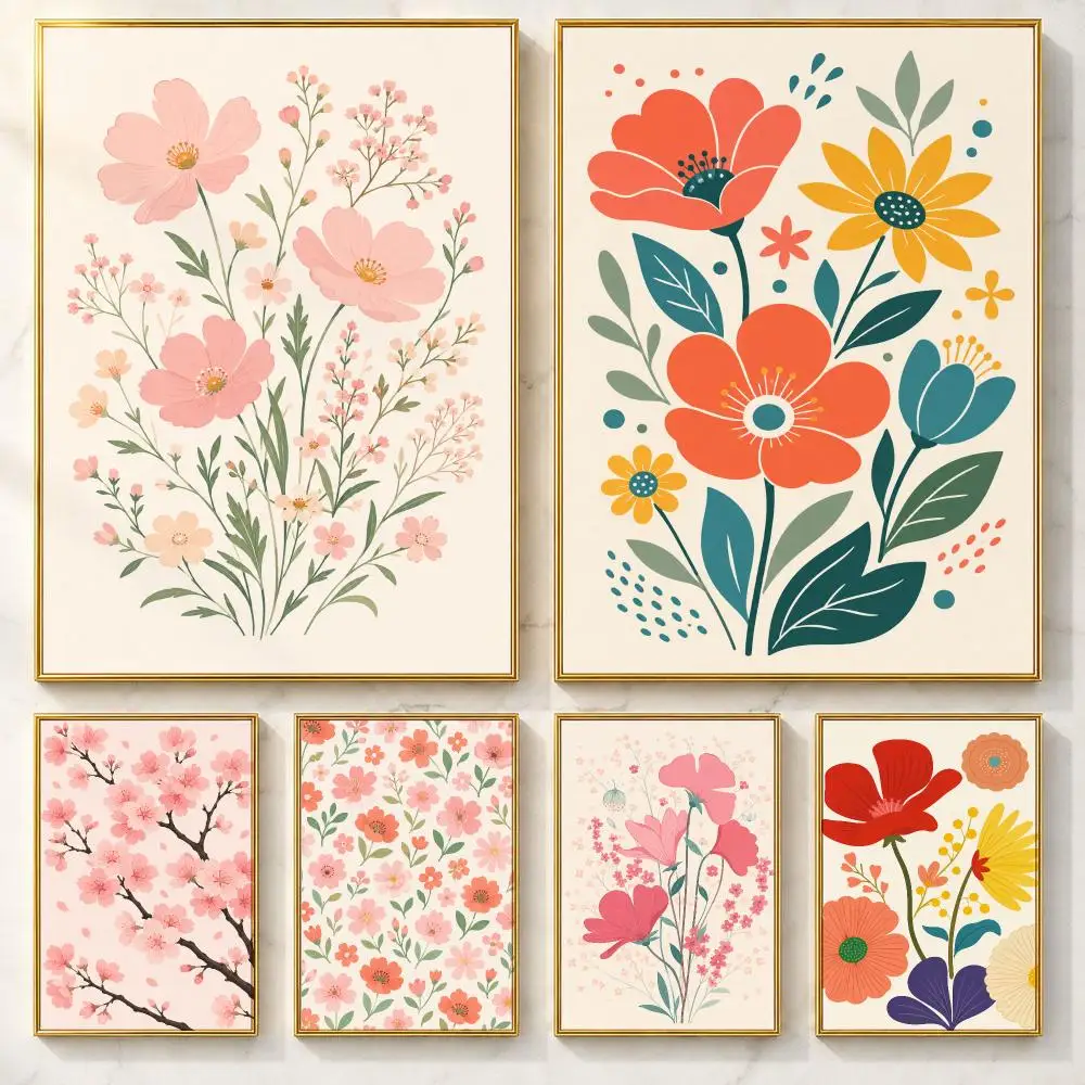 Cherry Blossom Art Cherry Blossom Poster Self-adhesive Art Poster Decoracion Painting Wall Art White Kraft Paper Home Decor