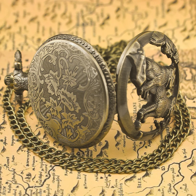 Steampunk jam tangan saku Quartz hewan serigala potongan perunggu Vintage kalung jam liontin rantai hadiah Pria Wanita