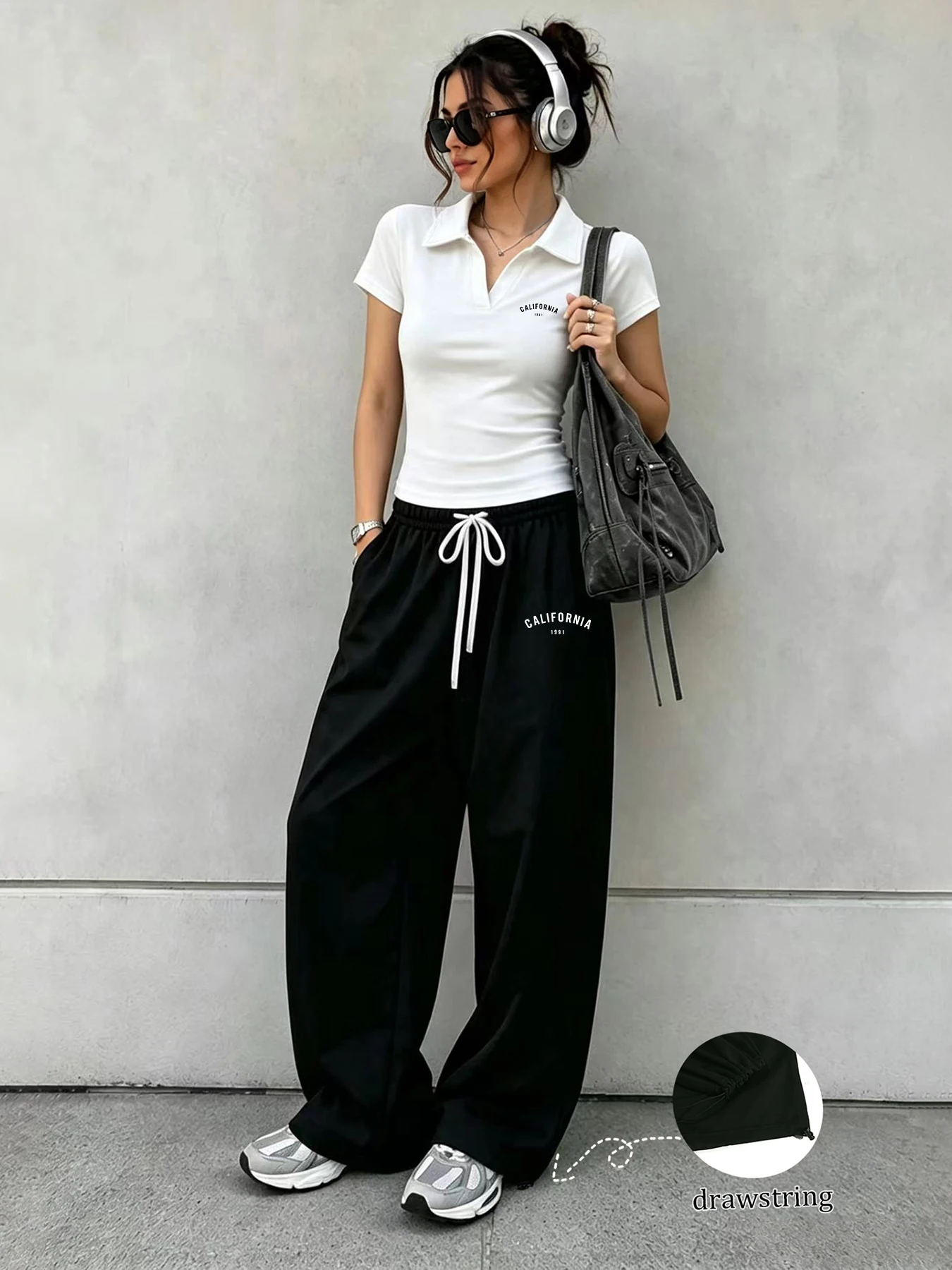 Gothic-style matching set: street-dance-print sweatpants with an elastic waistband and a short-sleeved polo shirt.