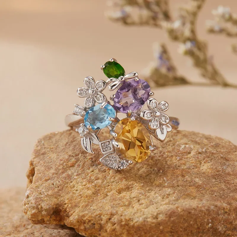 Natural topaz diopside citrine amethyst ring women's s925 sterling silver multi-color treasure live broadcast explosion