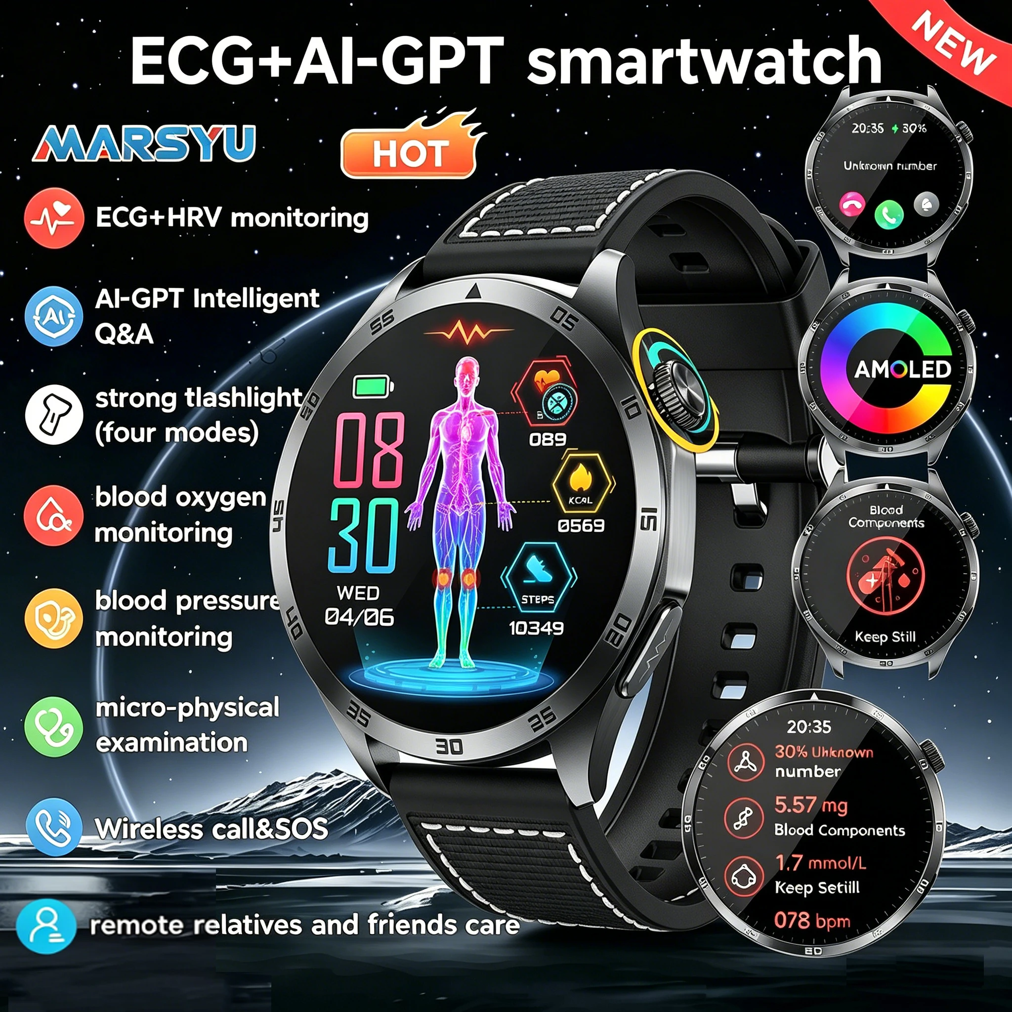 Montre connectée Marsyu pour hommes avec examen physique microscopique, lipides sanguins, acide urique, tension artérielle, ECG+PPG, appel Bluetooth