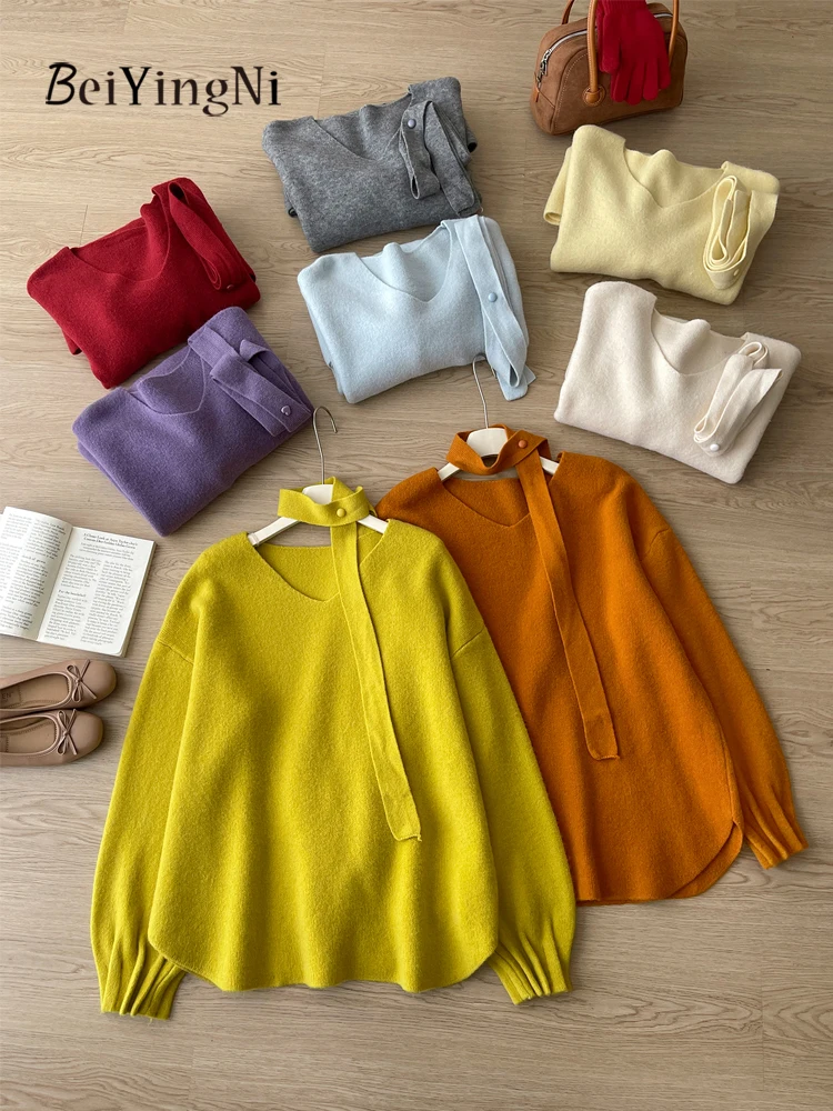 

Beiyingni 2025, осень-зима, женский свитер большого размера, однотонная лента, Kpop, ретро пуловер с v-образным вырезом, женская теплая верхняя одежда, джемперы