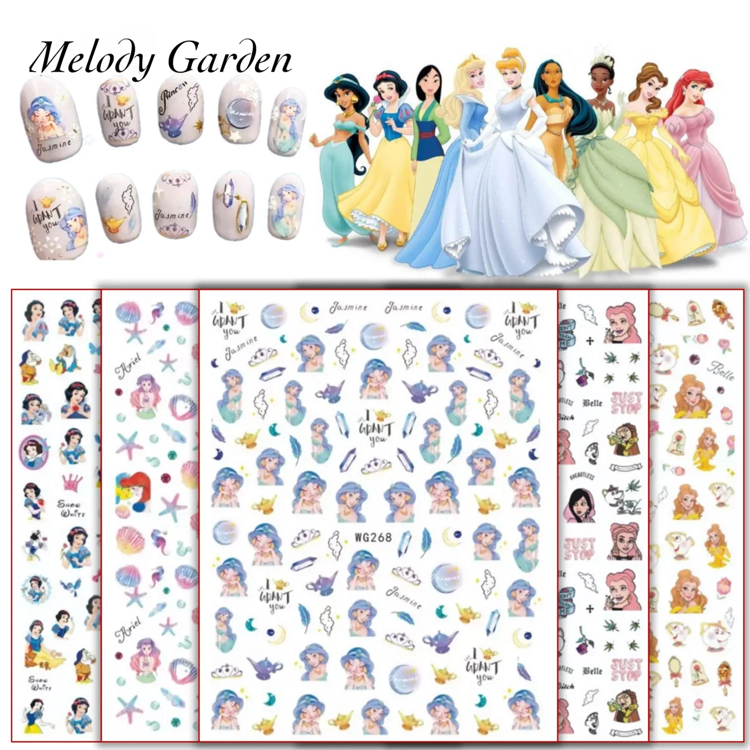 

1PCS Disney Cartoon Nail Stickers Wholesale Character Decals Nail Art Stickers Princess Series Nail Decoration